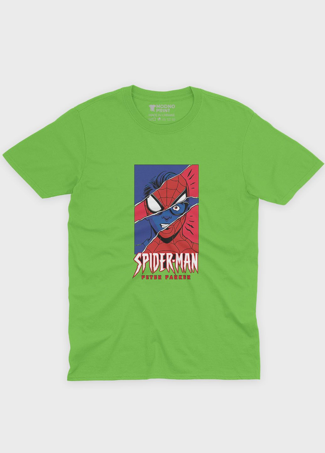 Салатова демісезонна футболка для хлопчика з принтом супергероя - людина-павук (ts001-1-kiw-006-014-032-b) Modno