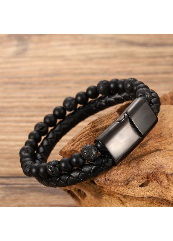 Шкіряний чоловічий браслет багатошаровий зі шкіри та каменів з коробочкою 21 см No Brand (369964998)
