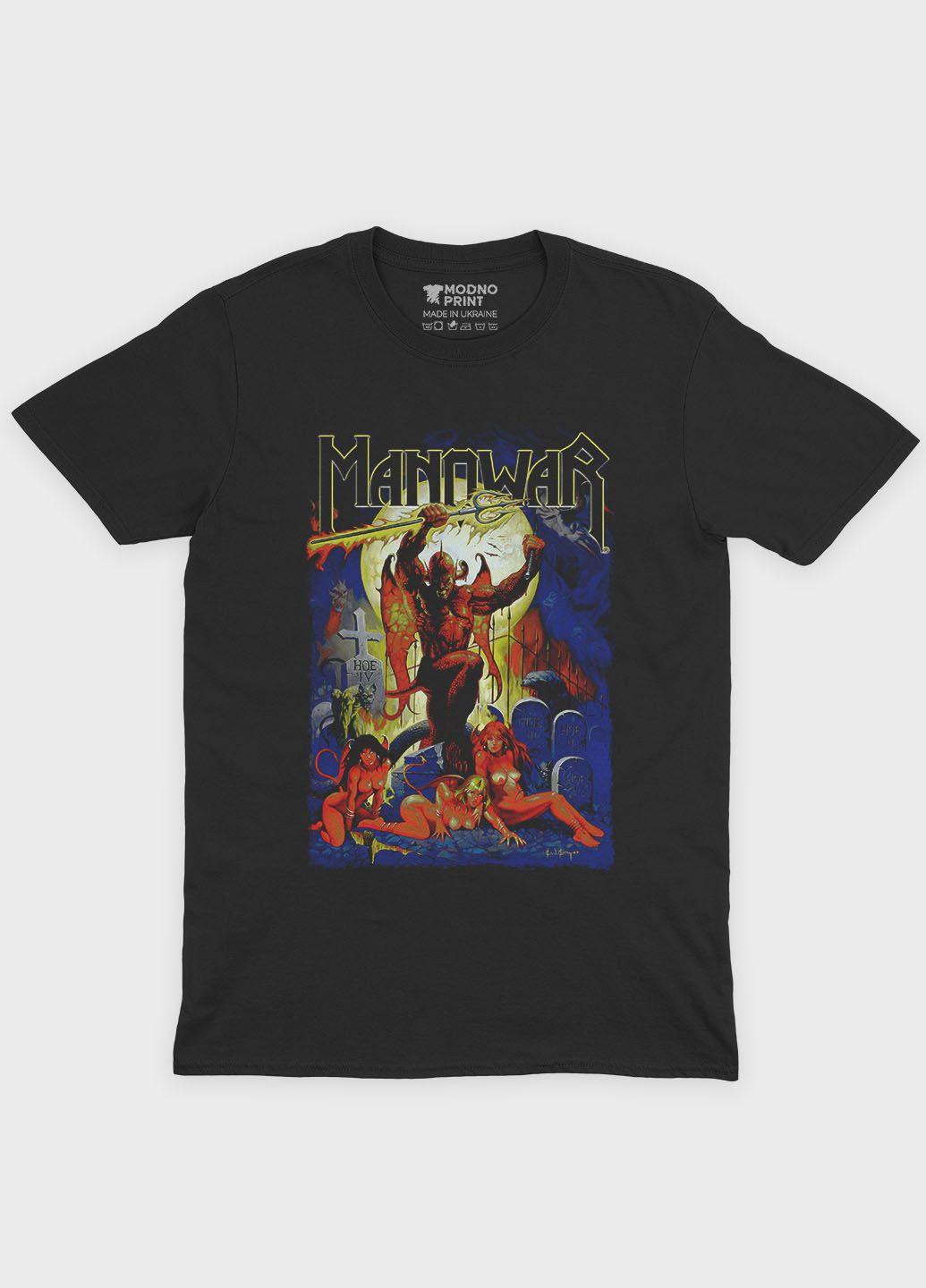 Чорна чоловіча футболка з рок принтом "manowar" (ts001-004-2-678-f-bl-m) Modno