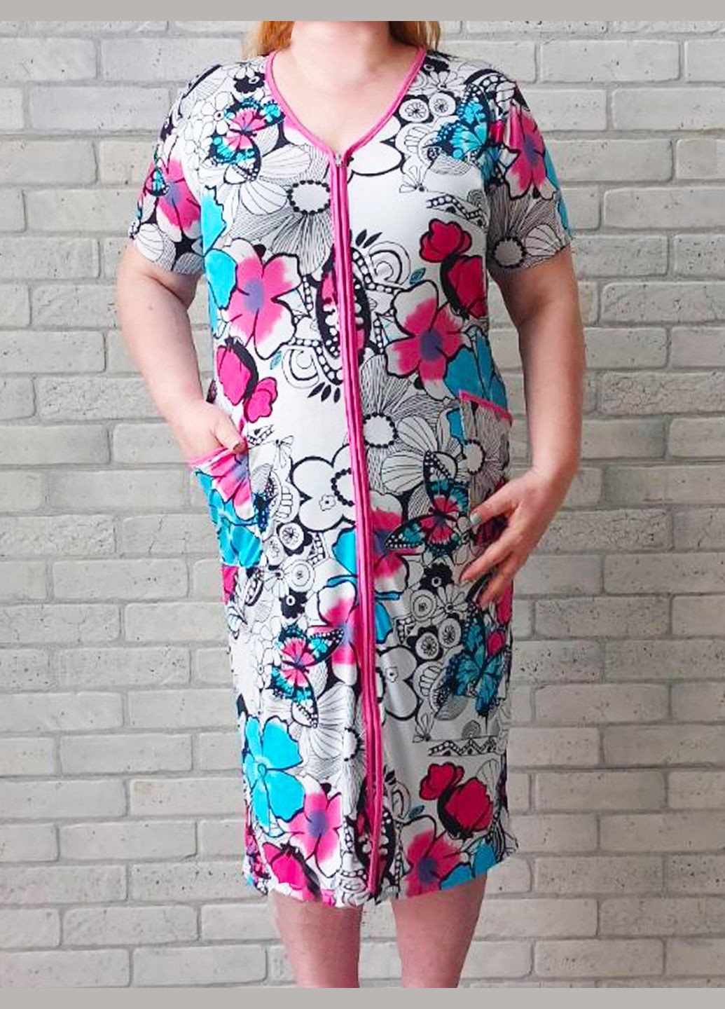 Жіночий літній трикотажний халат з коротким рукавом на блискавці з кишенями No Brand (337353491)