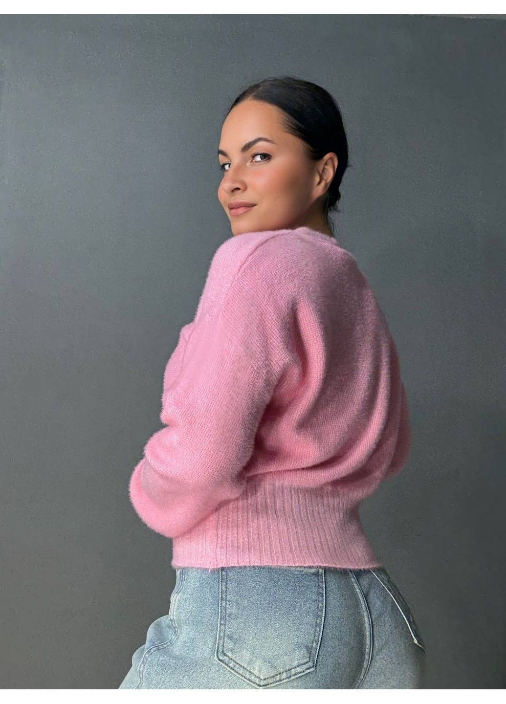 Розовый демисезонный свитер женский fancy matinee 7571 вафельный из ангоры оверсайз No Brand
