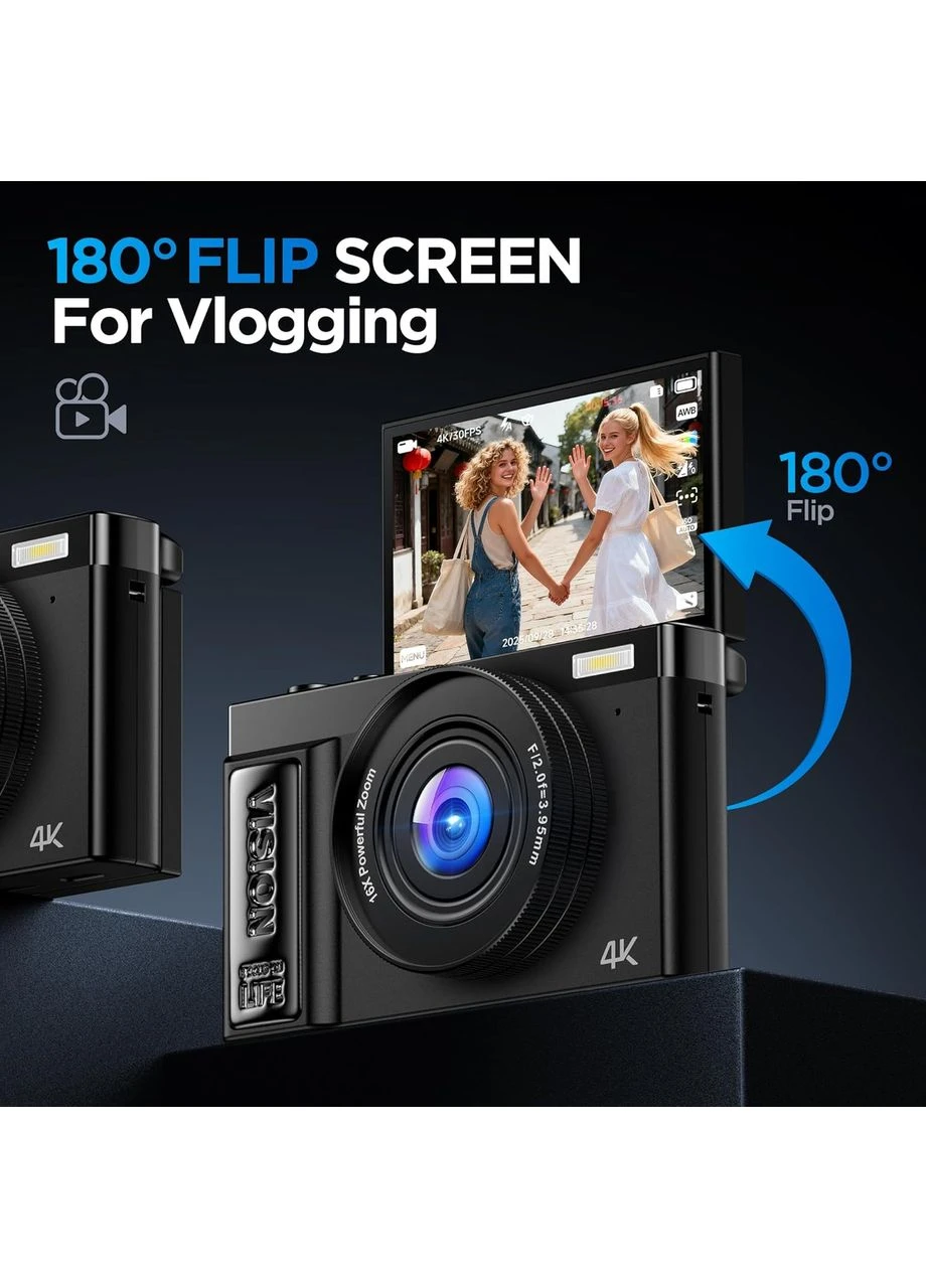 Цифровая камера 4K для фотосъемки и видеоблога GEVVES A9 64 МП Компактный фотоаппарат с поворотным экраном Черный No Brand (395415493)