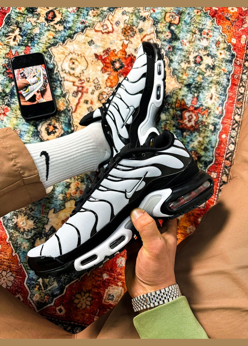 Білі Осінні кросівки чоловічі і жіночі nike air max plus tn white/black | найк аір макс тн плюс білі No Brand