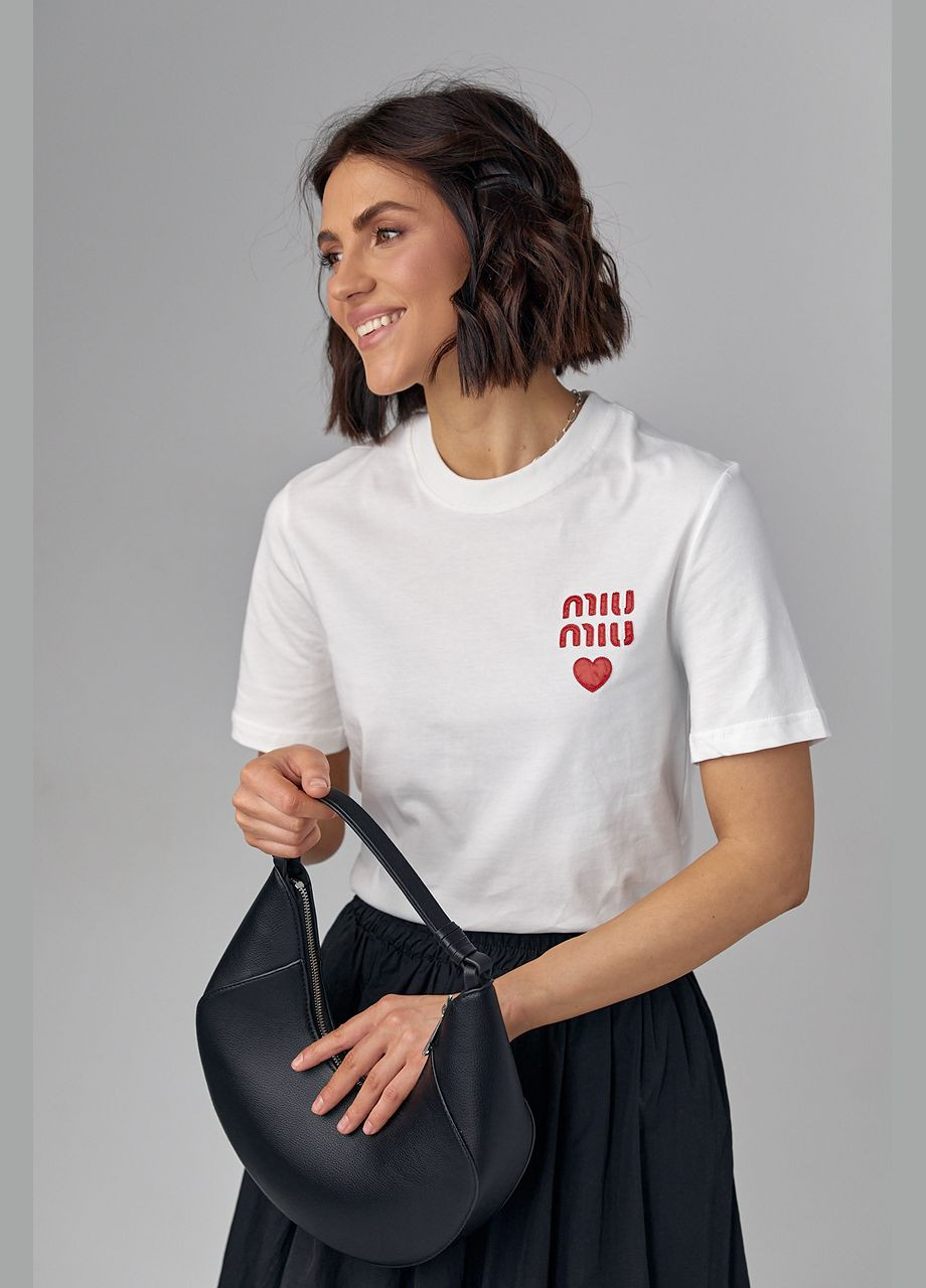 Молочна літня трикотажна жіноча футболка з написом miu miu 122345 з коротким рукавом Lurex