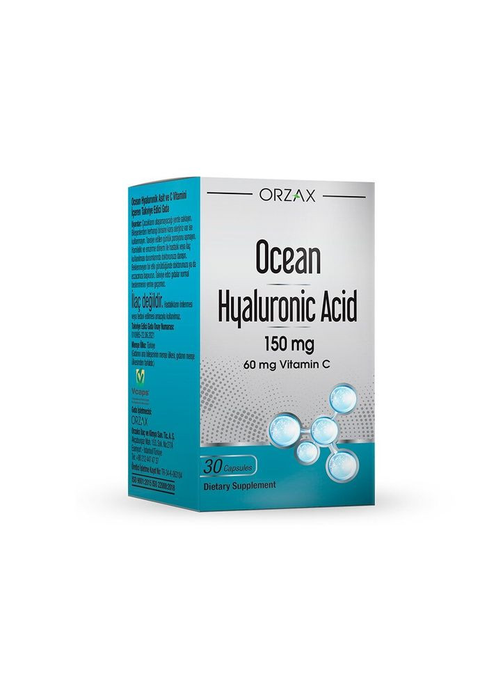 Гіалуронова кислота та вітамін С Ocean Hyaluronic Acid 150 mg, 30 капсул для підтримки шкіри та суглобів Orzax (324420754)