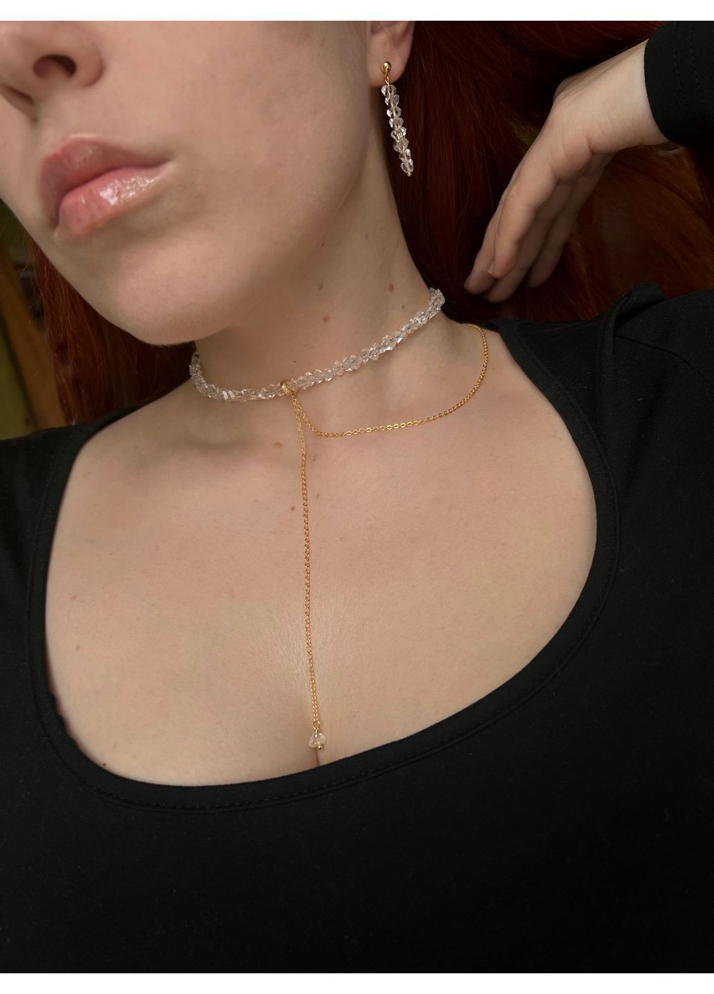 Чокер из прозрачного хрусталя со съемной цепочкой в позолоте No Brand хрусталь латунь, нержавеющая сталь, стекло золото (360898026)