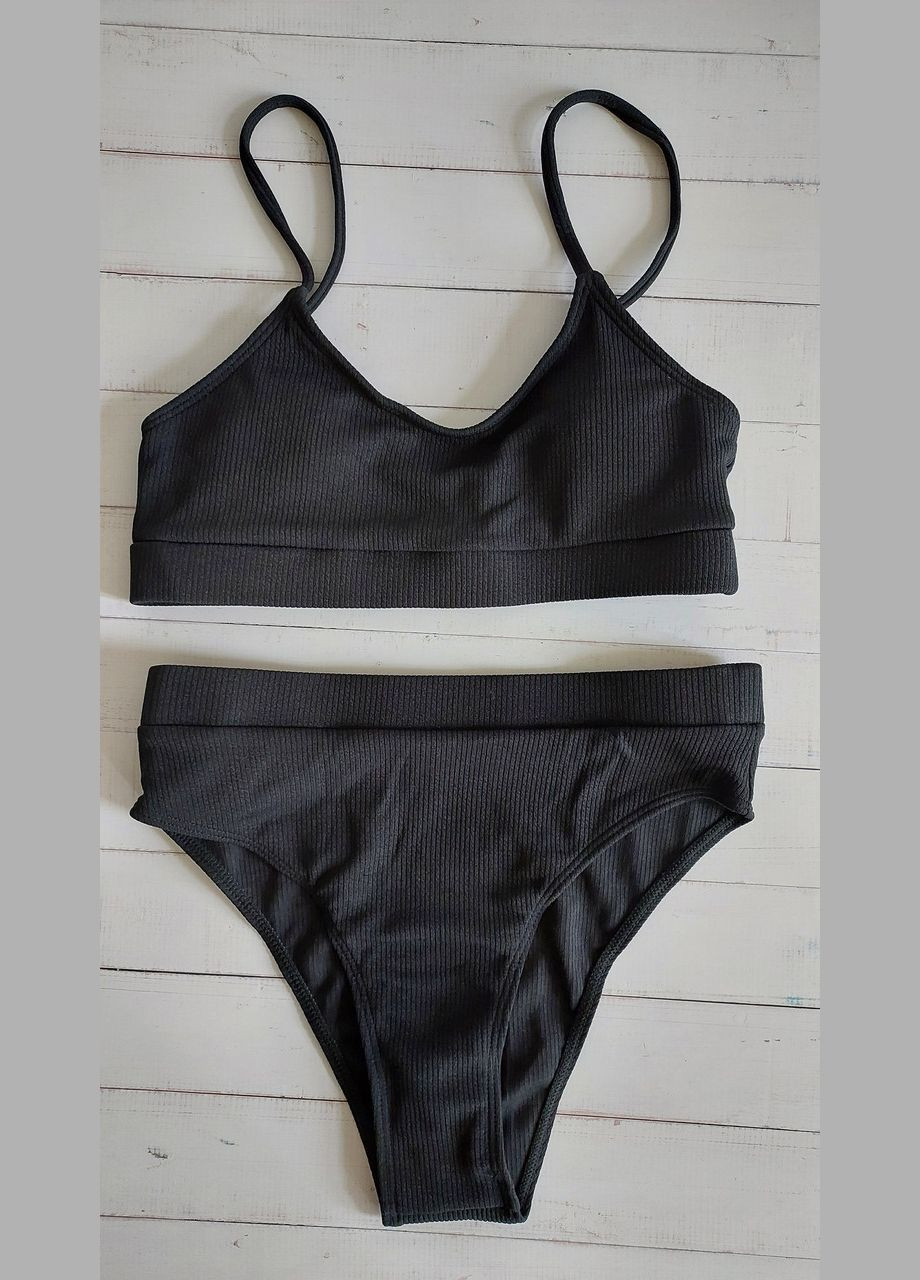 Чорний демісезонний жіночий роздільний купальний в рубчик із завищеною талією (арт.60125) No Brand