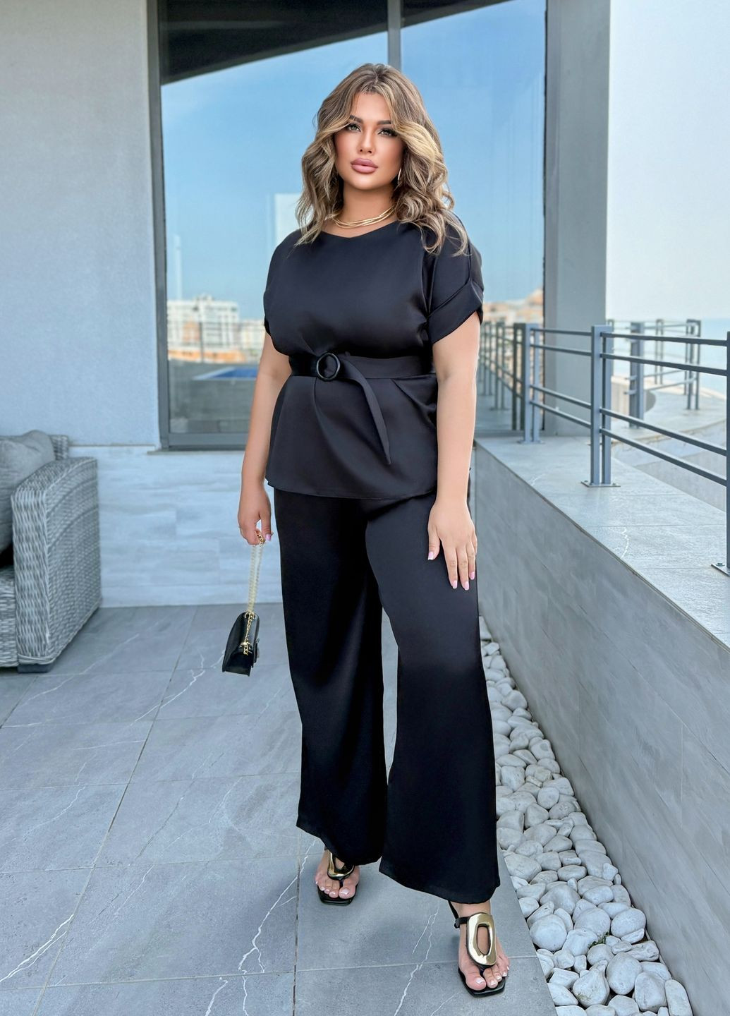 Шовковий костюм вечірній жіночий з поясом (блуза + брюки) No Brand (335762715)