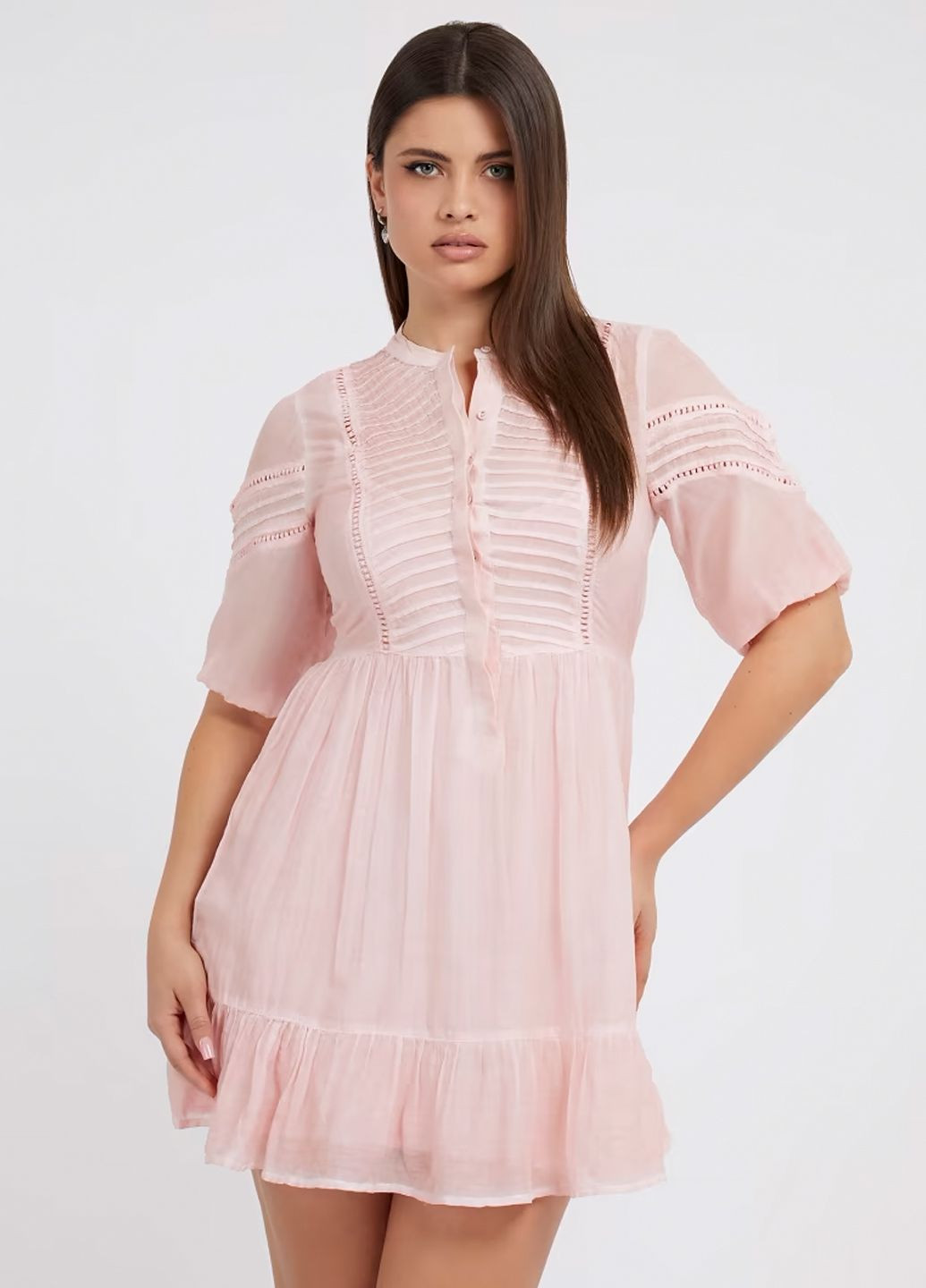 Рожева кежуал, святковий, коктейльна, вечірня шовкова міні сукня кльош, бебі долл Guess однотонна
