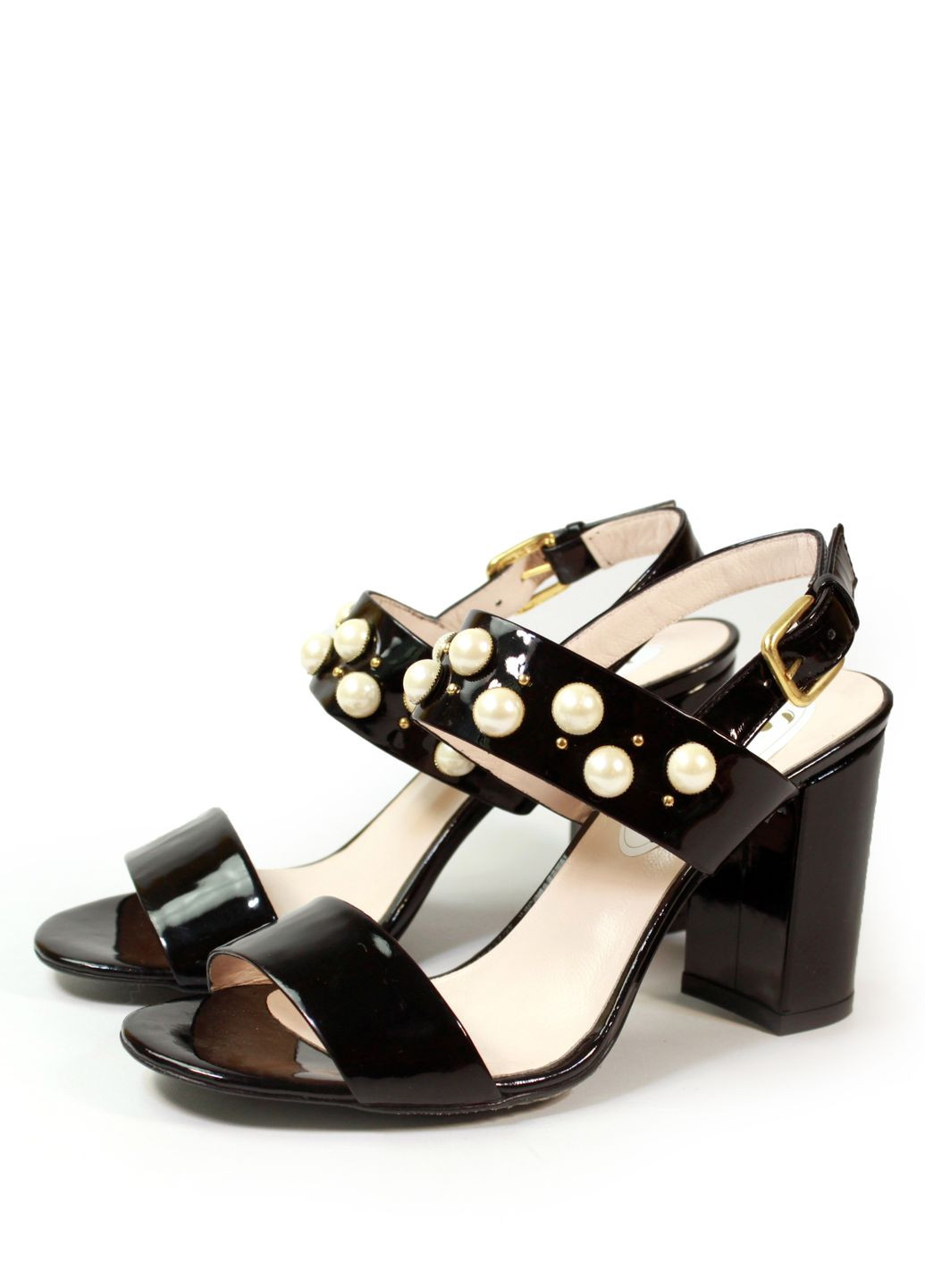 Черные женские босоножки на каблуке с жемчужным декором It-Girl с ремешком с жемчугом