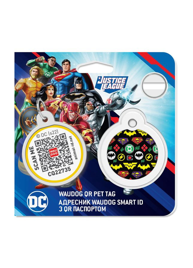 Адресник для собак і котів металевий Smart ID з QR паспортом, малюнок "Супергерої логоманія", коло, Д 30 мм WAUDOG (365061853)
