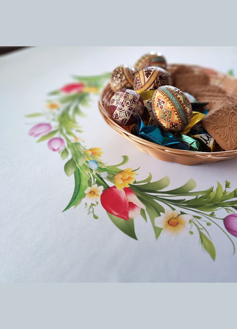 Водоотталкивающая пасхальная cкатерть на круглый стол с кроликами 160см. Круглая скатерть зеленая пасхальная Maystat (305390804)