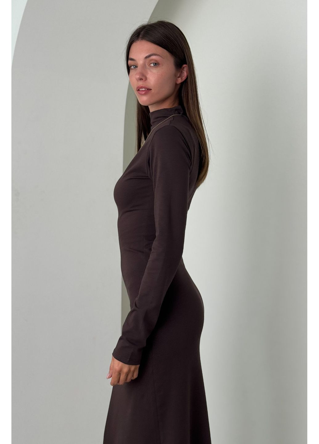 Темно-коричневое повседневный, кэжуал платье макси с полным рукавом CHICLY однотонное