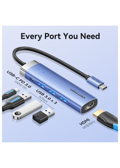 Концентратор USB 3.1 Type-C to HDMI/USB 3.0x3/PD 100W Blue Aluminum Alloy Hub 5-in-1 (TGESB) Vention USB 3.1 Type-C to HDMI/USB 3.0x3/PD 100W Blue Alum (366664024)