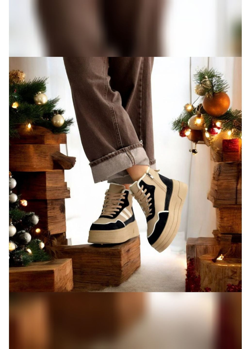 Жіночі зимові хайтопи мокко беж теплі високі кросівки з хутром на масивній підошві з блискавкою Viki Кросівки темно-бежеві зими (370271907)