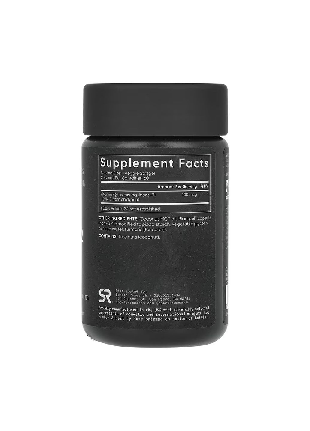 Вітамін K2 для здоров'я кісток веганський 100 мкг 60 капсул Sport Research (367956599)
