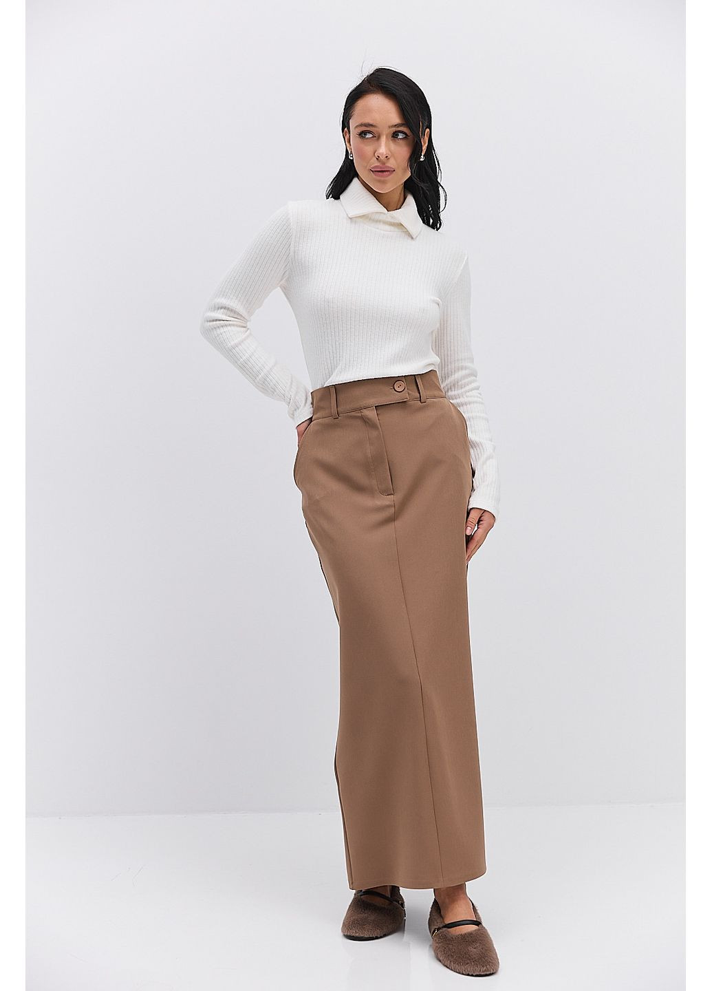 Женский теплый лонгслив в рубчик со стоячим отложным воротником Arjen (370281971)