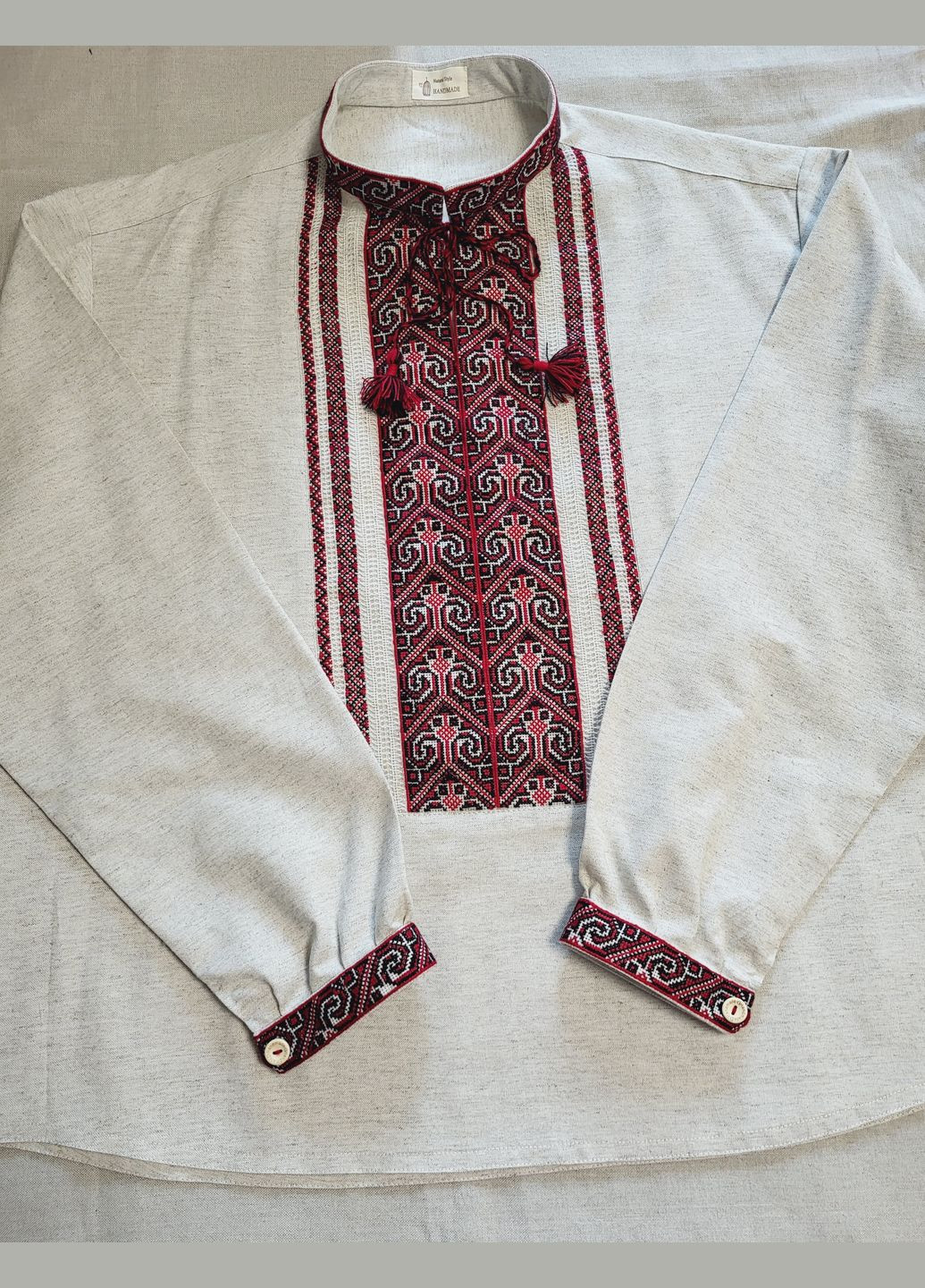 Комбінована чоловіча вишиванка ручної роботи великого розміру з натуральної домотканої тканини "солідна" Hand Made візерунок українська символіка вільна, пряма домоткане полотно, поліестер, льон (331769854)