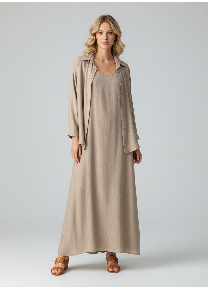 Бежева кежуал жіночий літній костюм-двійка (сукня+сорочка) number nine коричневий а-силует PRL Jeans CO