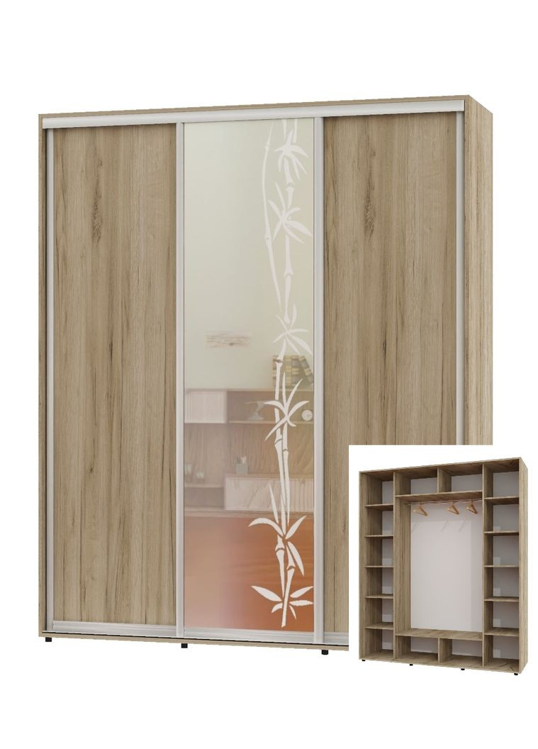 Шафа-купе тридверна 200*60*240 Дуб крафт сірий 2 ДСП/Дзеркало з піскострумним малюнком ШК-05 Алекса (360431473)