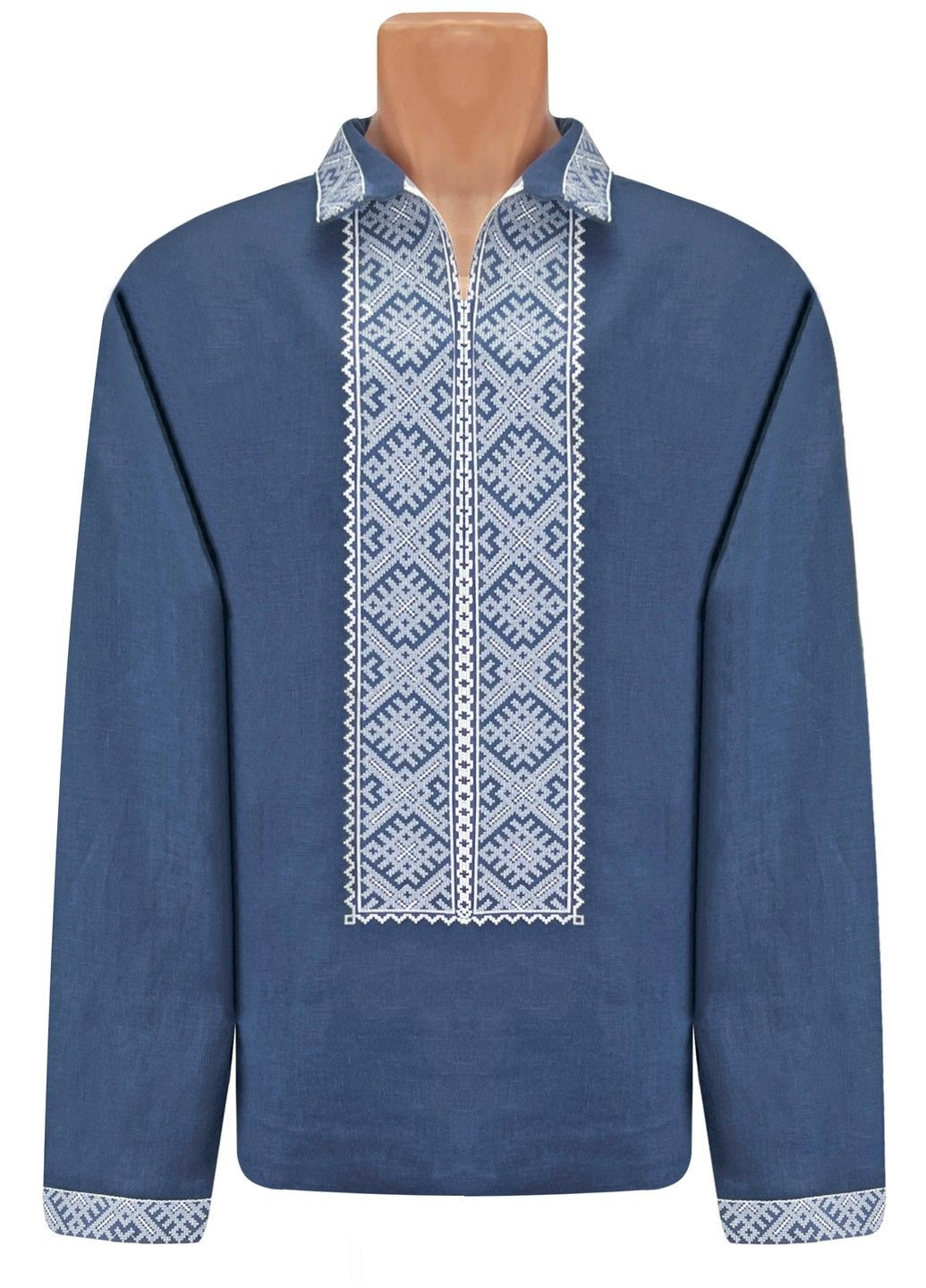 Синя вишиванка чоловіча з довгими рукавами льон Жемчужина стилей візерунок геометричний вільна льон (311810443)