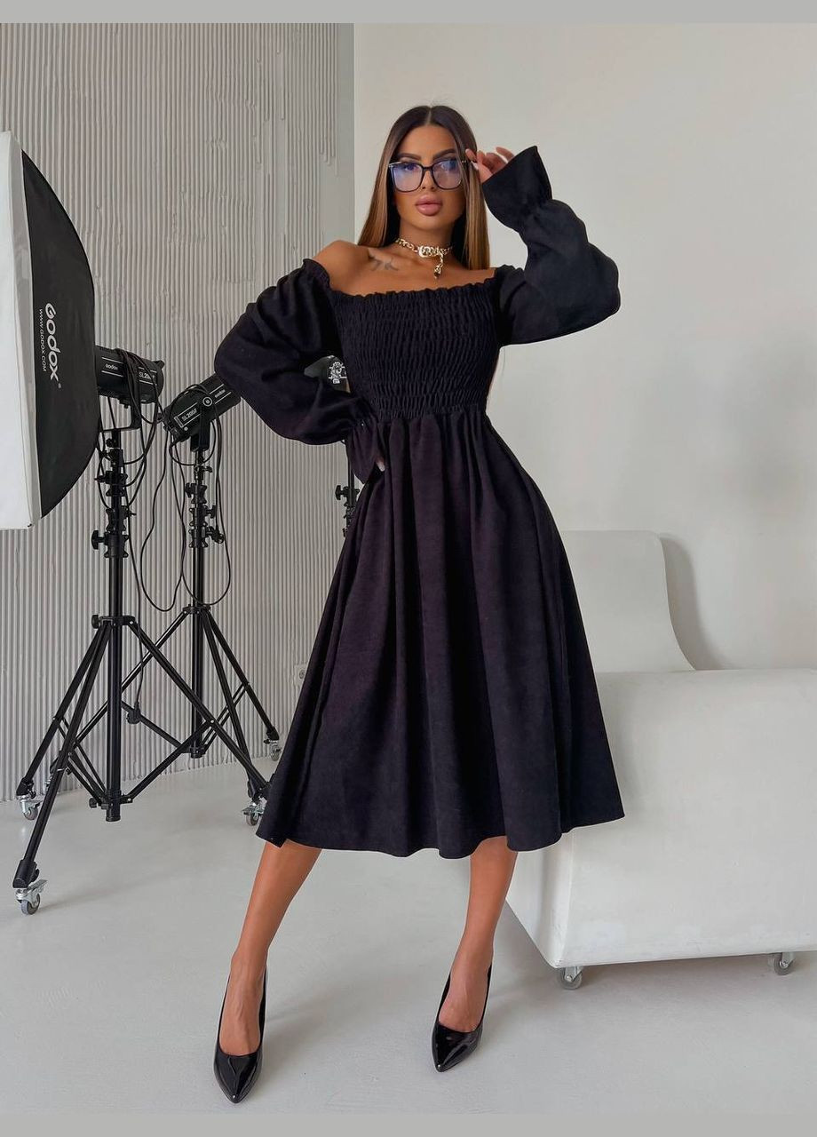 Черное кэжуал платье из вельвета на резинке No Brand однотонное