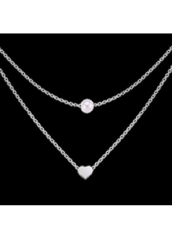 Колье серебряное двойное маленькое Сердце на цепочке и жемчужине Каштан (342334640)