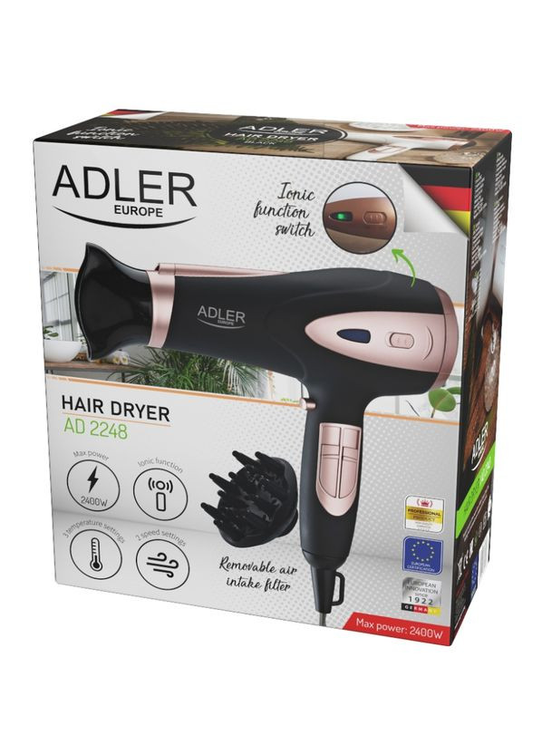 Фен AD 2248 black 2200Вт/ 2 скорости/ хол.обдув/ темп.режимов-3/ ионизация/ насадки - 2 шт. Adler (360396408)