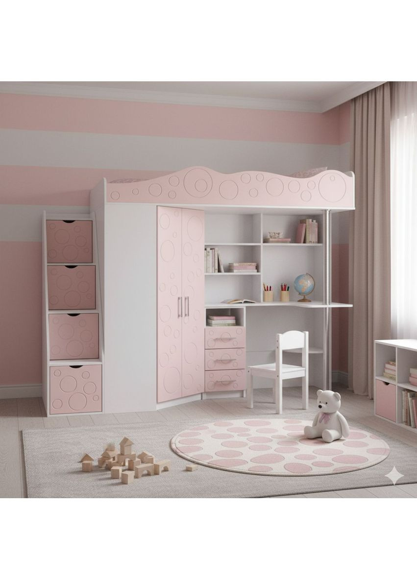 Ліжко-горище дитяче Binky ДС37А 2332x1800x832 Білий діамант та Рожевий (МДФ) (Left) (BK01010022000) Art In Head (337309251)