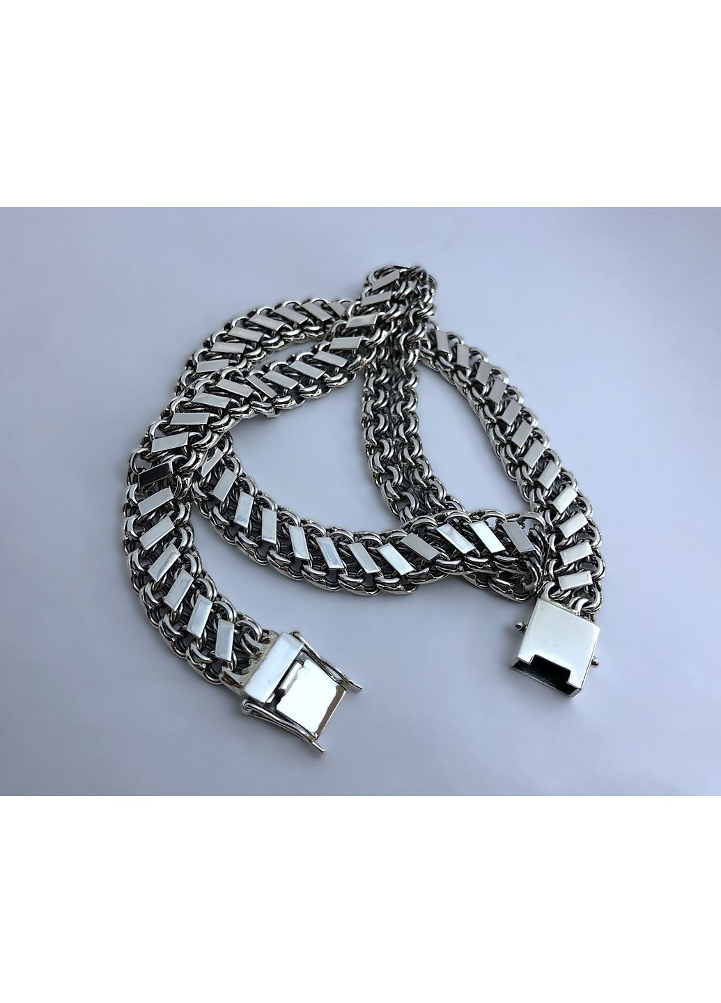 Серебряная мужская цепь двойной Бисмарк с накладками. Цепь с замком коробка DeLoS (352229388)