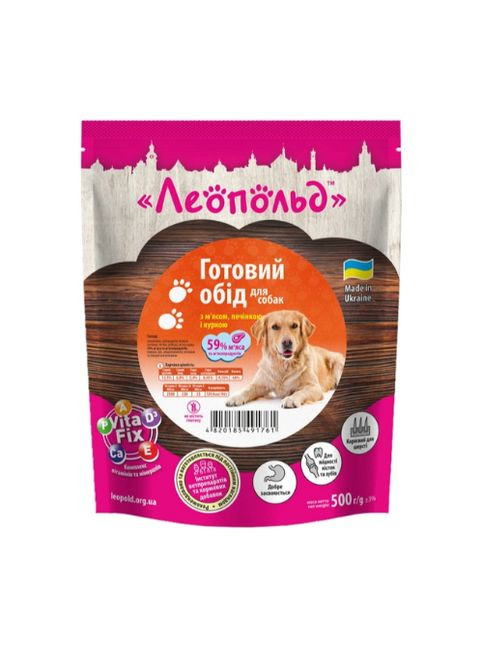 Готовий обід з м'ясом, печінкою та куркою для собак, пауч 500 г (12шт/уп) Леопольд (301474692)