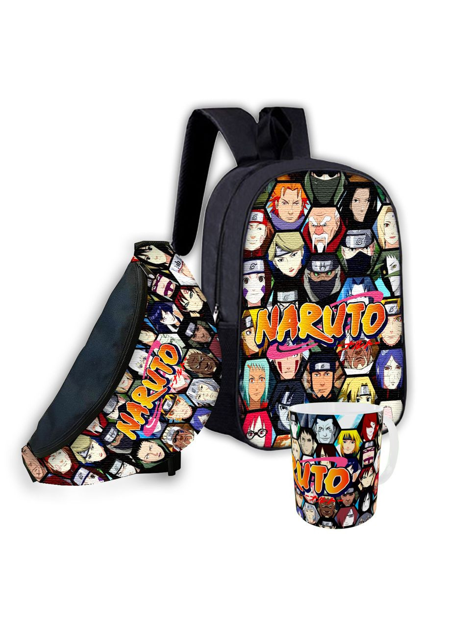 Набор детский Аниме Наруто Акацуки рюкзак 36х27см сумка-бананка, кружка с принтом для мальчика (1878) No Brand (327366855)