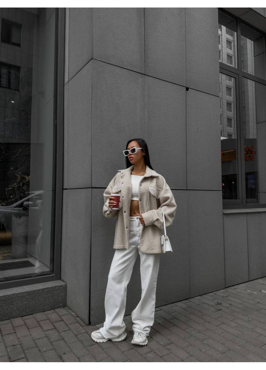 Бежевая повседневный, кэжуал рубашка однотонная No Brand с длинным рукавом