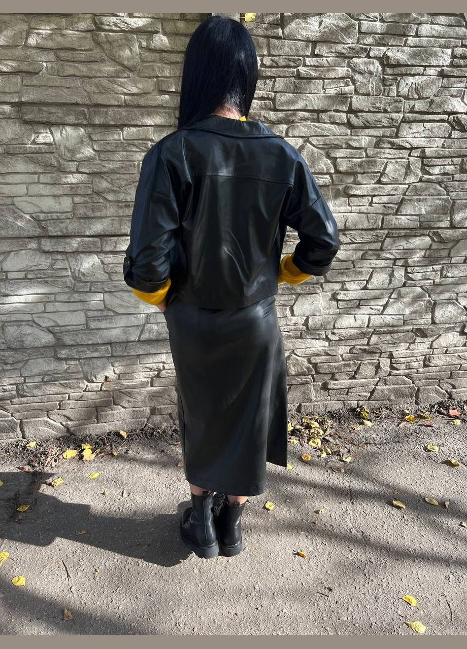 Женский черный кожаный костюм с юбкой Турция No Brand спортшик (317286922)