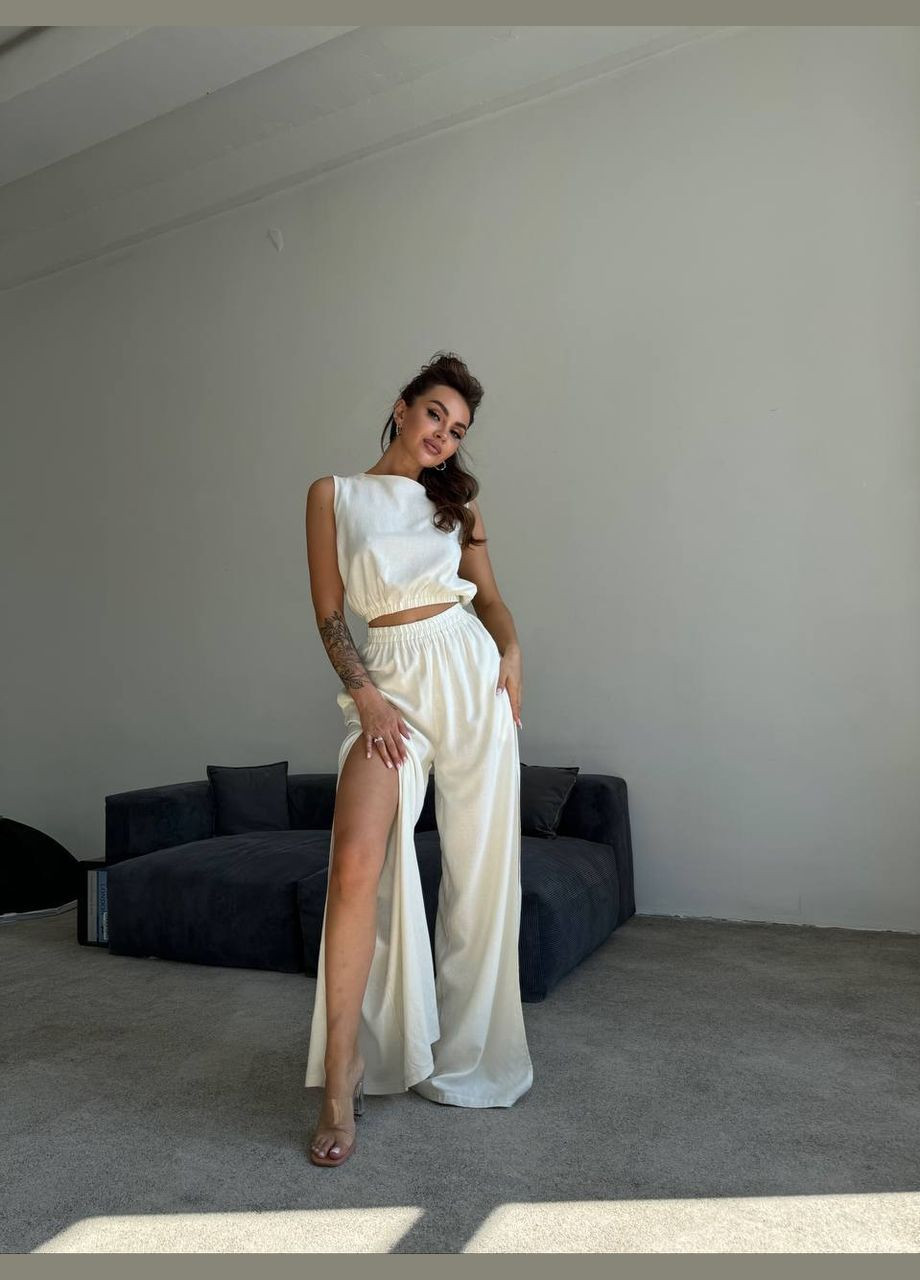 Повседневный молочный костюм двойка из льна No Brand 275 (342724027)