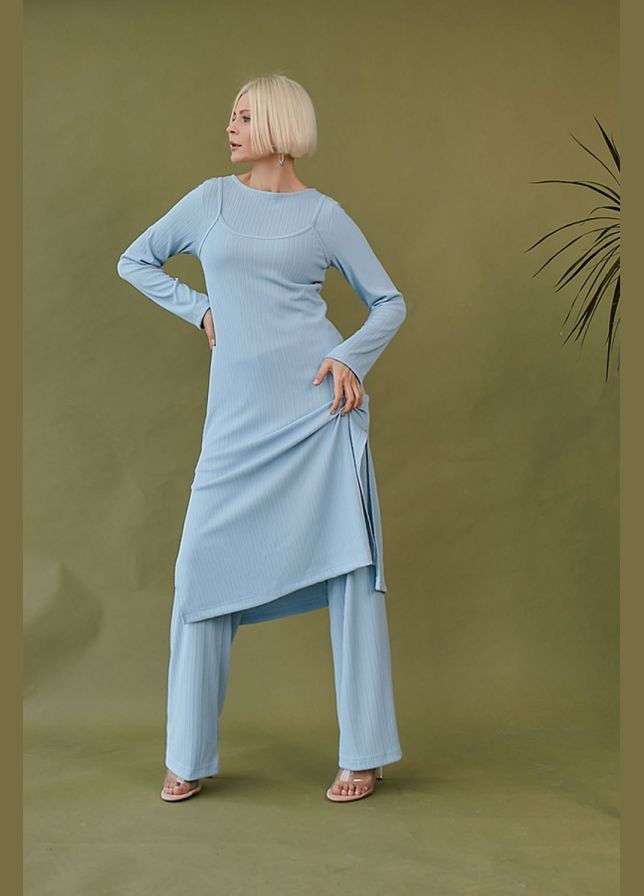 Светло-голубое повседневный удлиненное трикотажное платье в рубчик на бретелях (1791) Triko Bakh