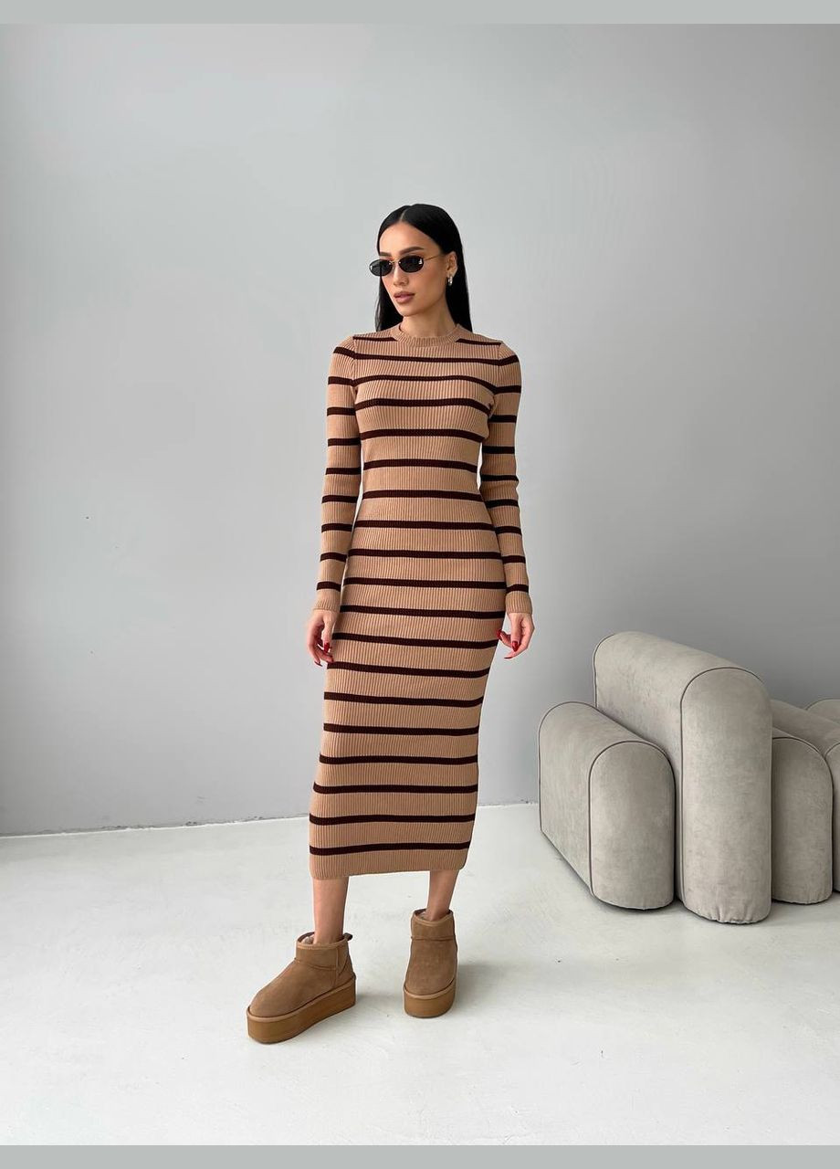 Коричневое женское платье миди в полоску цвет кемел-коричневый р.42/46 449393 New Trend