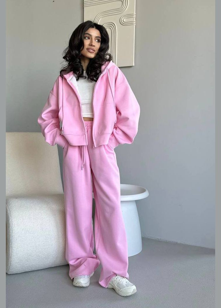 Тёплый розовый oversize костюм двойка (худи+штаны) из трёхнитки-петля, мягкий и приятный к телу осенний костюмчик 2-ка No Brand 1539 (301407586)
