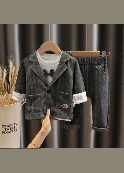 Серый демисезонный нарядный костюм тройка для мальчика, пиджак реглан штаны тройка No Brand