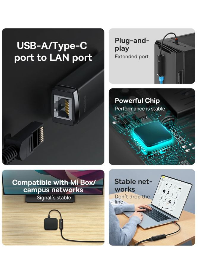 Внешняя сетевая карта / Сетевой адаптер Lite Type-C для RJ45 Ethernet 1000Mbps Черный (WKQX000301) Baseus (341325820)