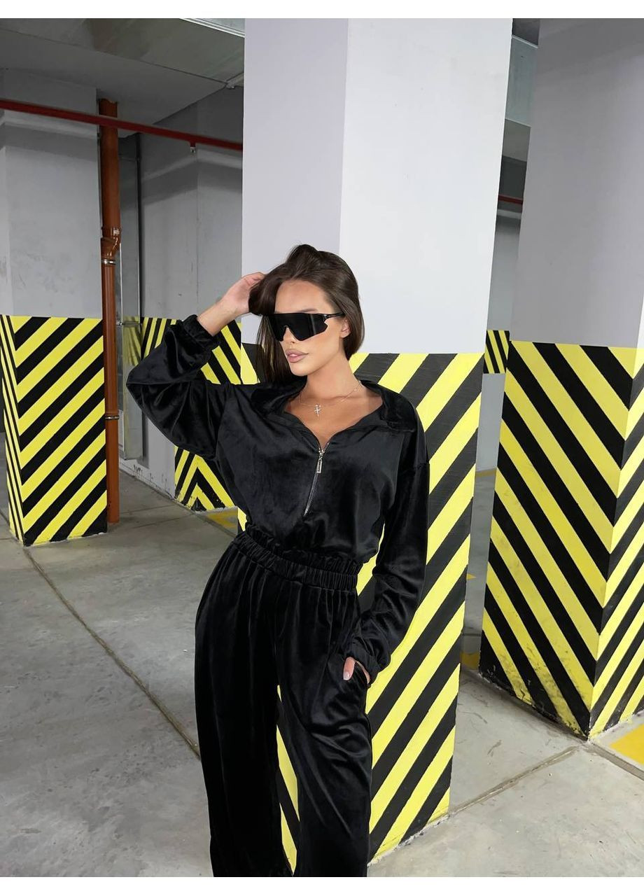 Комбінезон жіночий Гермес однотонний чорний повсякденний велюр