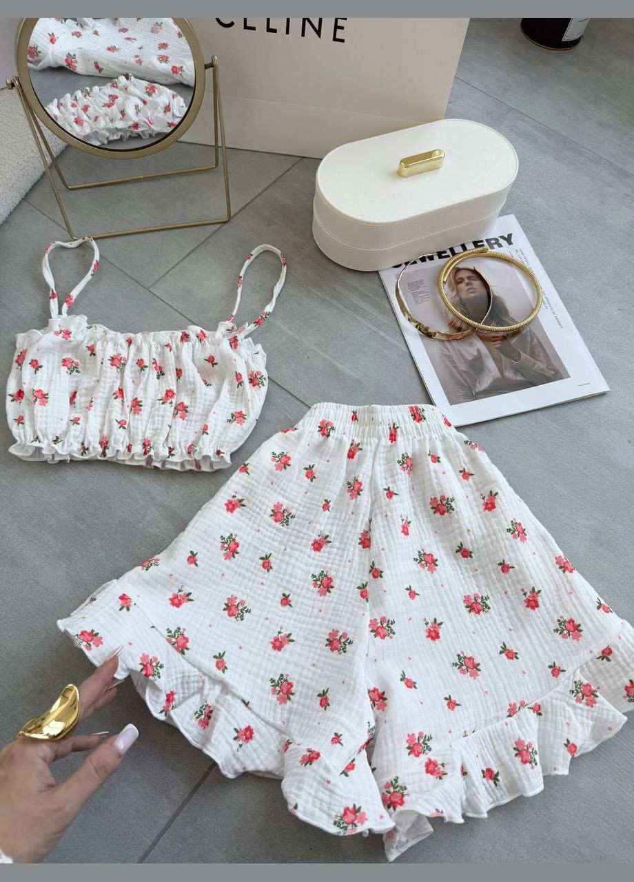 Молочна всесезон піжамка трійка з натурального мусліну топ + шорти No Brand