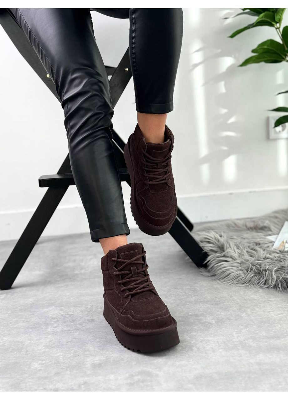 Женские зимние угги на шнуровке Leron, шоколадные, из натуральной замши, утепленные экохутром. No Brand (365756140)