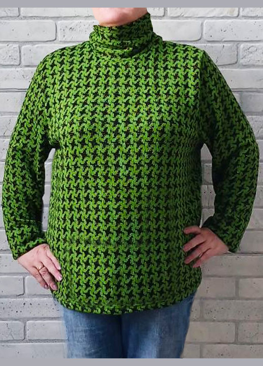 Комбінований демісезонний водолазка жіноча тепла батал великого розміру, в'язаний зимова акрил з високим горлом, гусячі лапки колір зелений No Brand