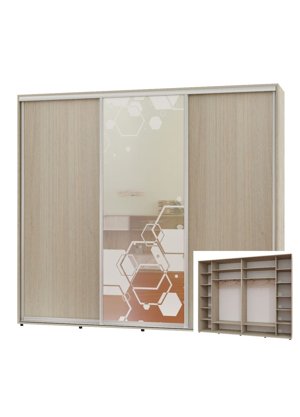 Шкаф-купе трехдверный 300*45*220 Дуб Шамони светлый 2 ДСП/Зеркало с пескоструйным рисунком Люкс-149 Алекса (360477325)