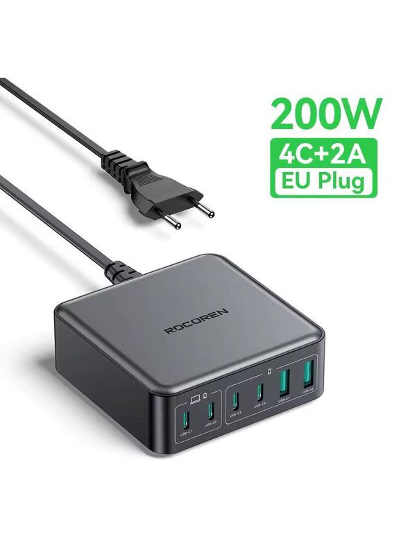 Зарядное устройство 200W GaN 0242 2U+4C black Rocoren (353746264)