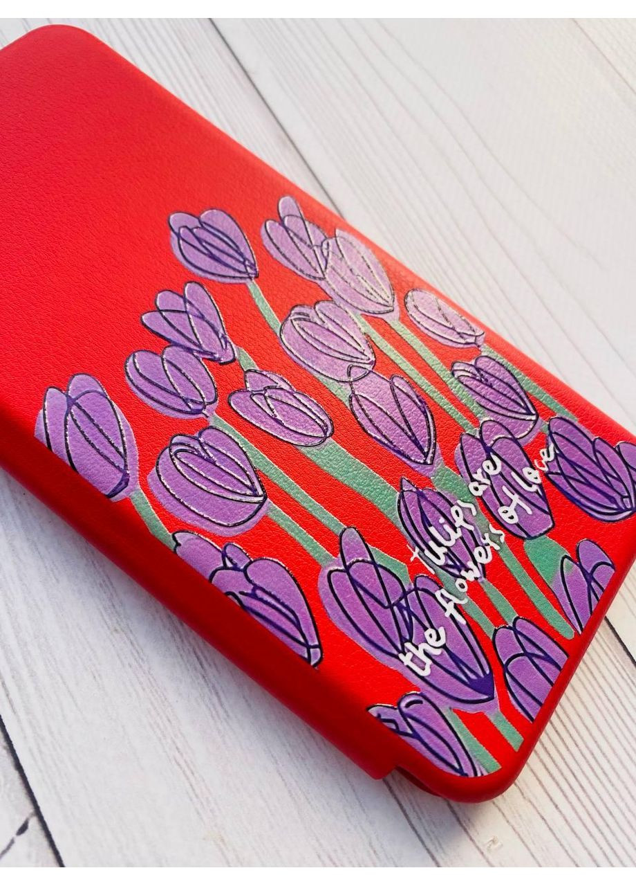 Чохол-книжка червоний з малюнком на Xiaomi Redmi Note 14 4G Тюльпани (принт 265) Creative (364688193)