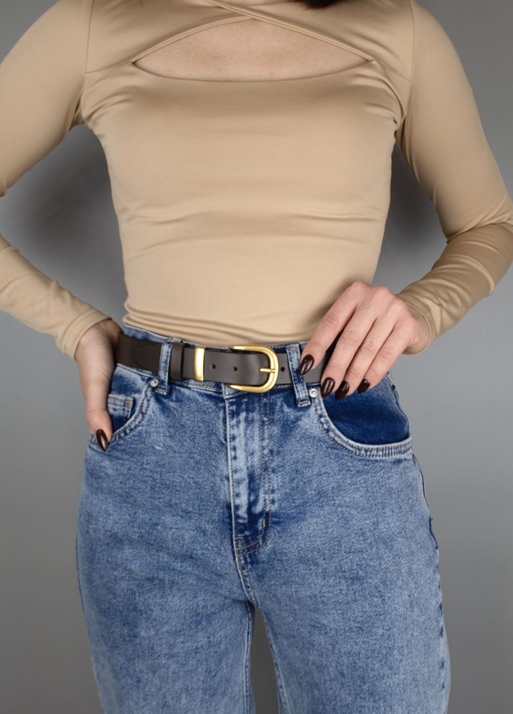 Ремінь шкіряний жіночий подовжений HC-3092 (145 см) коричневий із золотою пряжкою HandyCover (315631585)