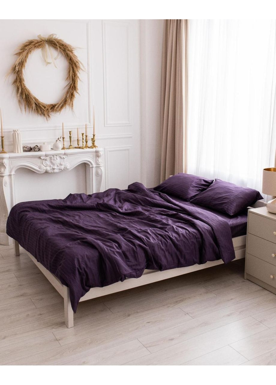 Постельное белье с резинкой Сливовая страйп сатин PREMIUM Двуспальный размер, наволочки 70/70 No Brand (363191506)