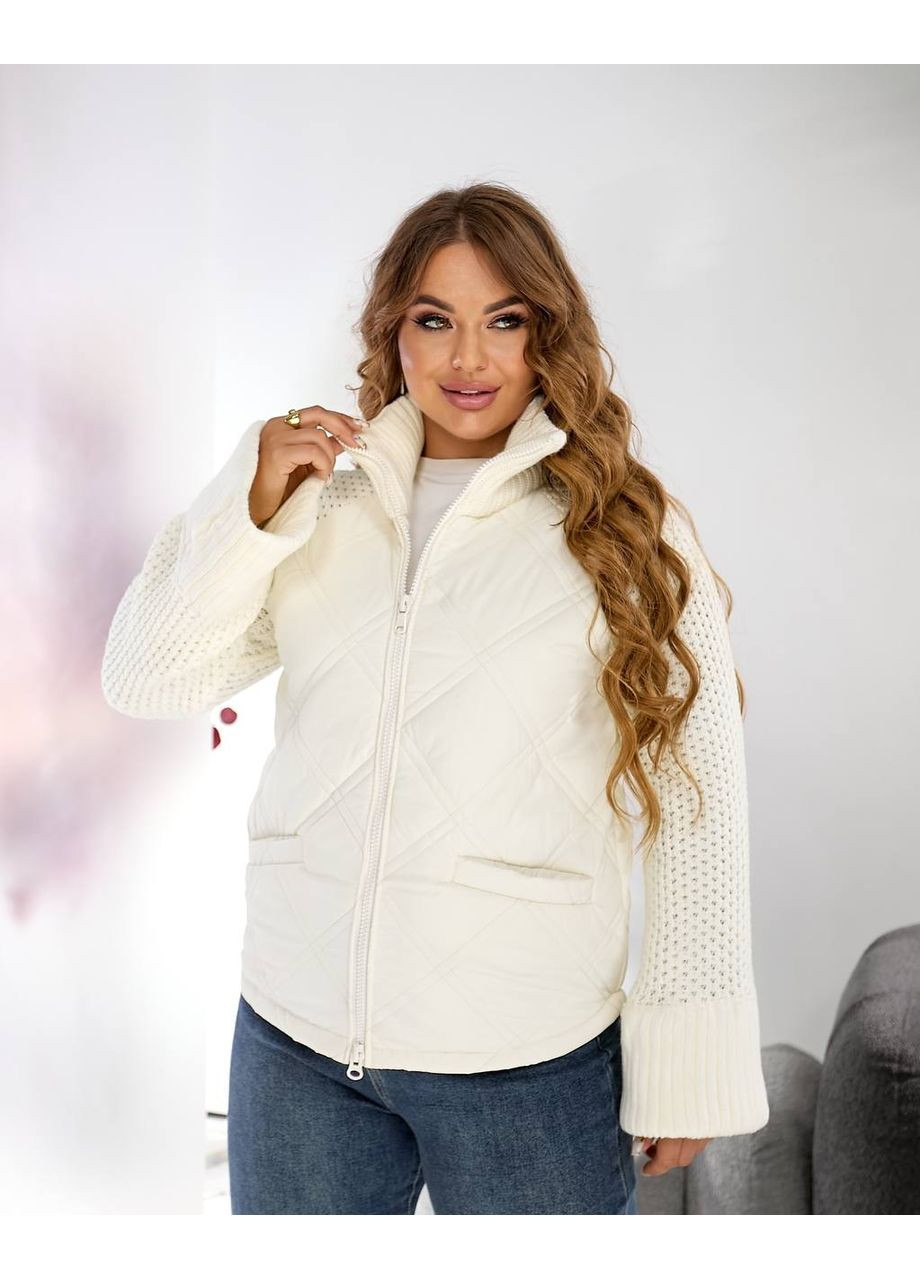 Молочна демісезонна жіноча куртка з в’язаними рукавами — заміри в описі куртка-пальто GD/GL Модний простір